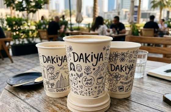 Live-doodled Dakiya cups in Dubai
